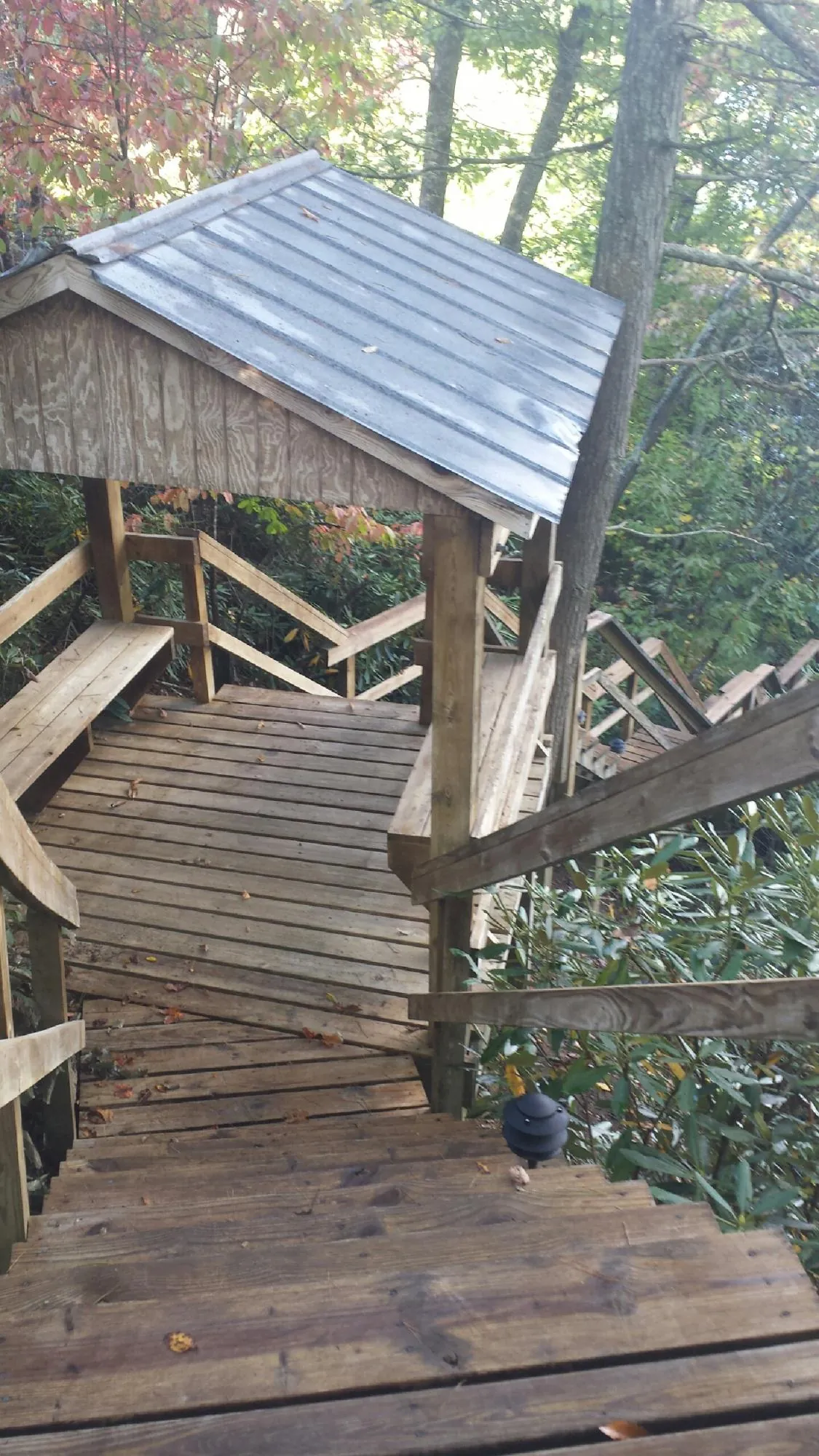 Metal roofed shelter over wooden steps on a wooded walkway — Skylight Repair & Installation work by our crew in Cecilia